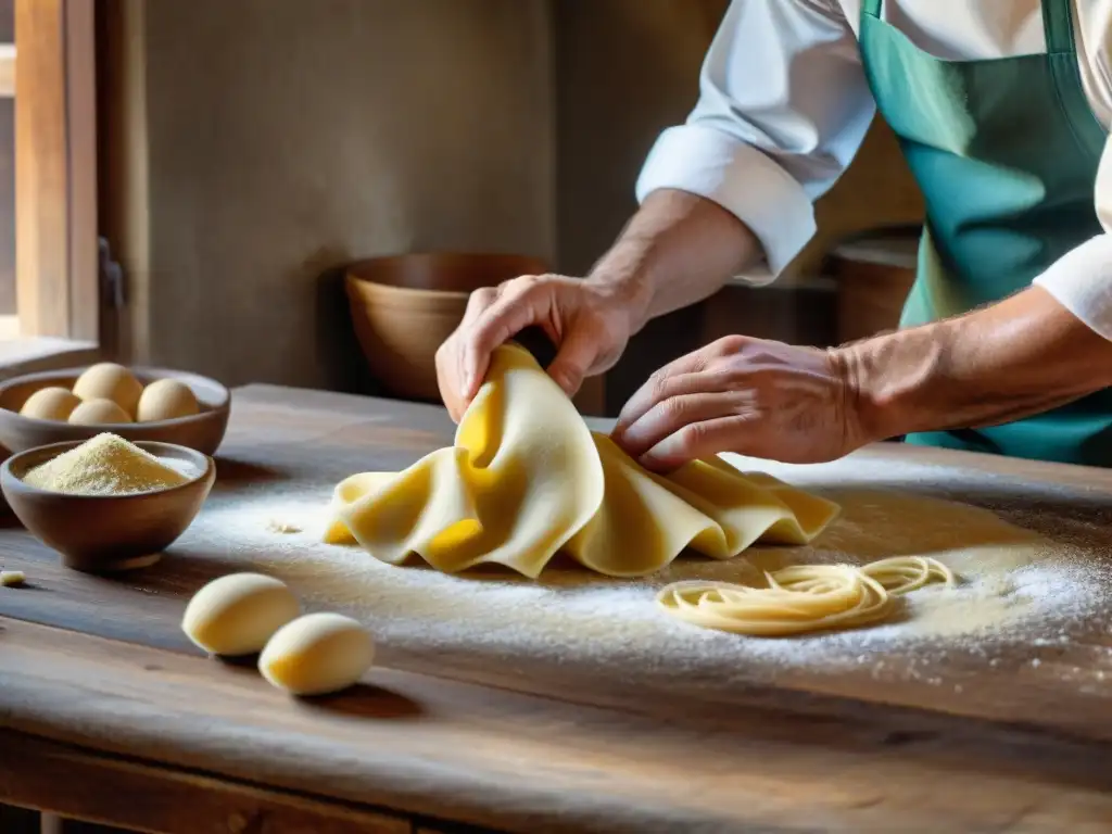 Un chef toscano experto preparando masa de pasta a mano en una cocina rústica