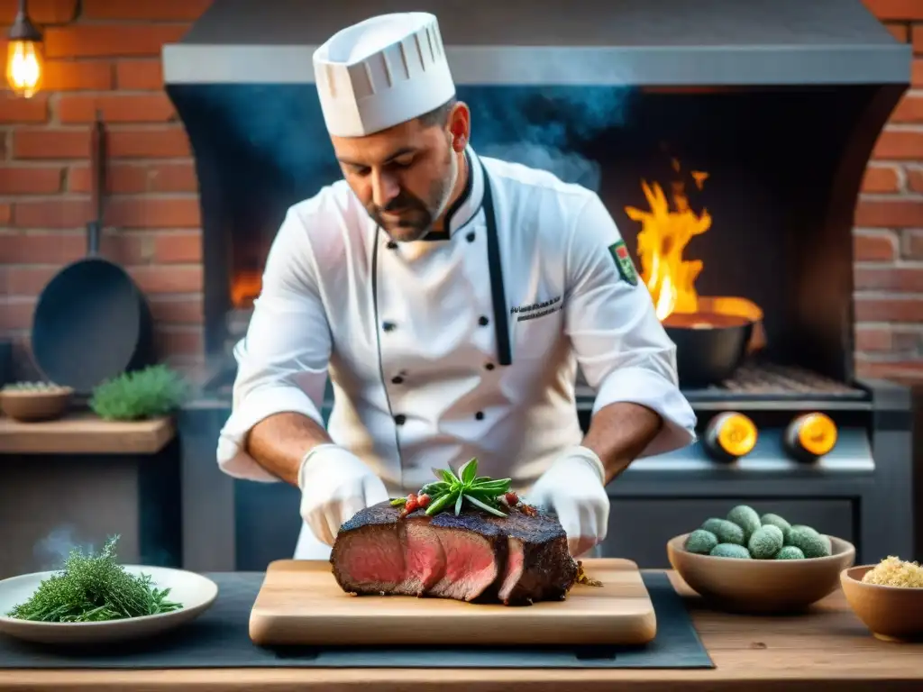 Un chef tradicional en Florencia prepara una Bistecca alla Fiorentina en una cocina rústica