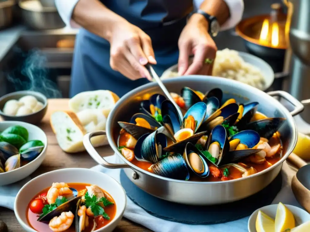 Un chef prepara un tradicional Cioppino en una cocina rústica italiana, resaltando la historia y sabores de esta receta de cocina italiana