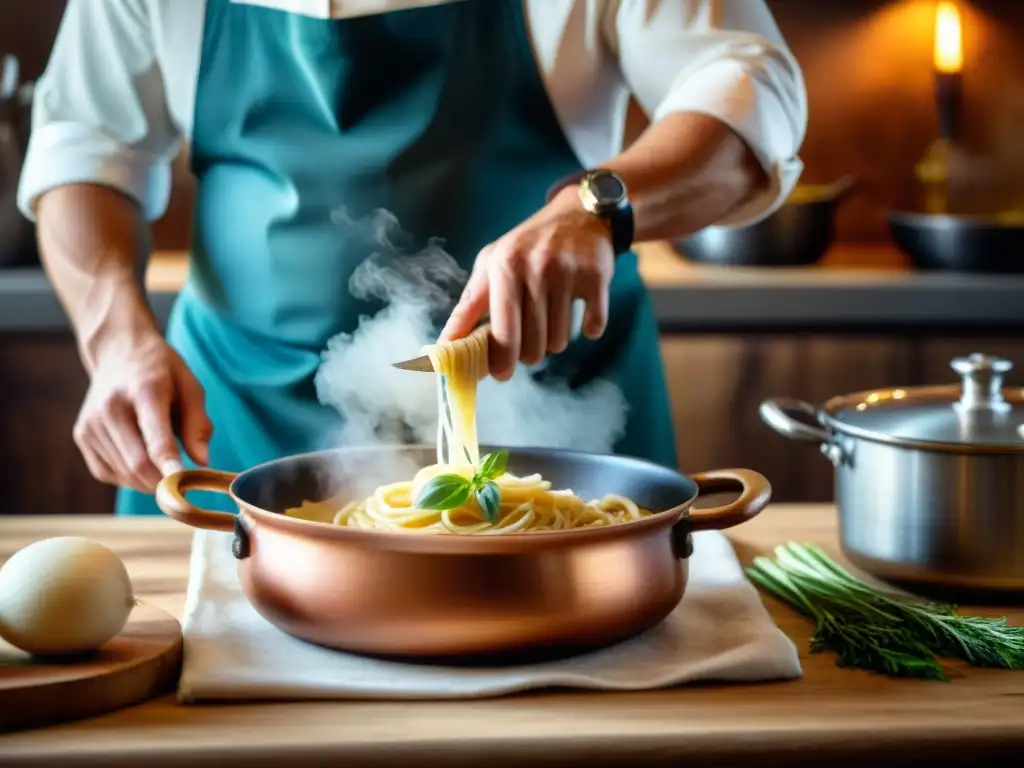 Un chef cortando tripa para Trippa alla Romana en cocina italiana rústica