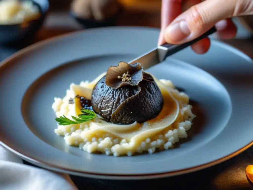 Un chef incorpora trufa italiana a un plato de risotto, con las virutas cayendo como elegantes cintas sobre el plato