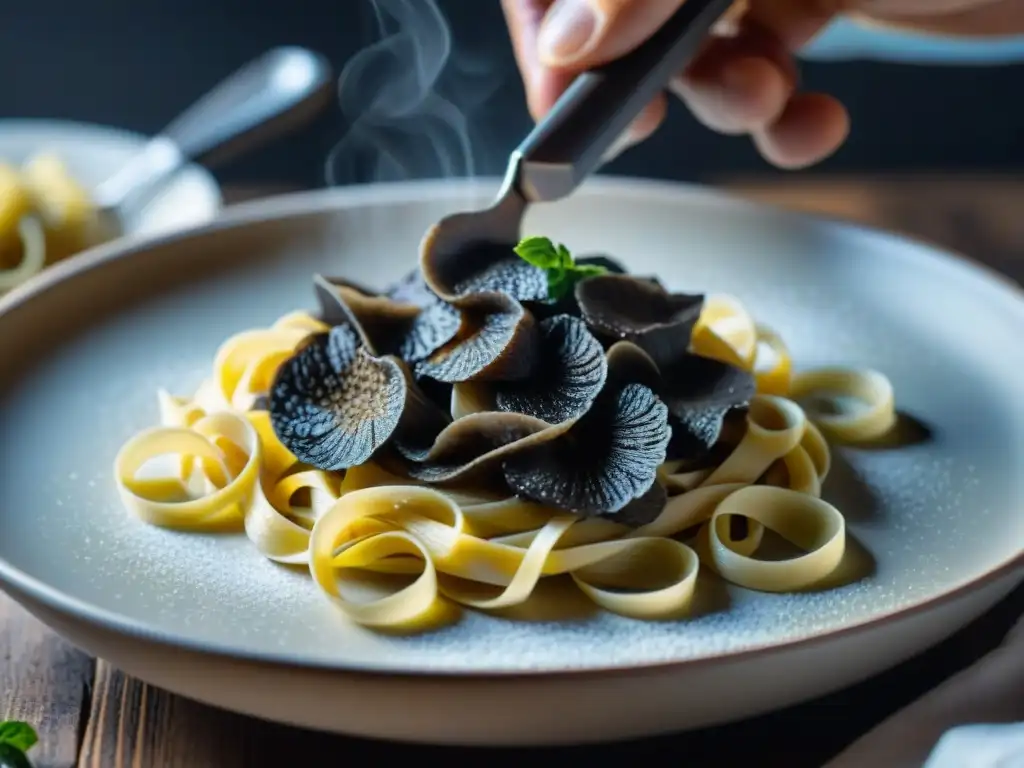 Un chef delicadamente rallando una trufa negra sobre tagliatelle recién hechos, mostrando la esencia de la cocina gourmet italiana