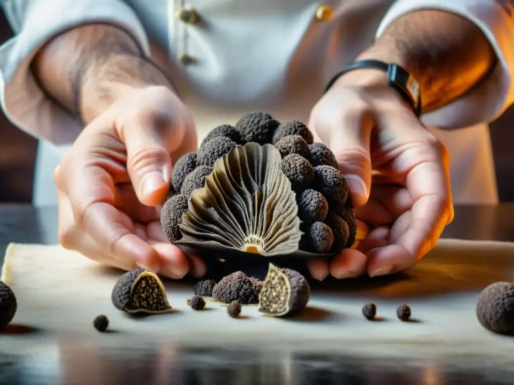 Chef cortando una trufa negra italiana, degustación privada trufas italianas