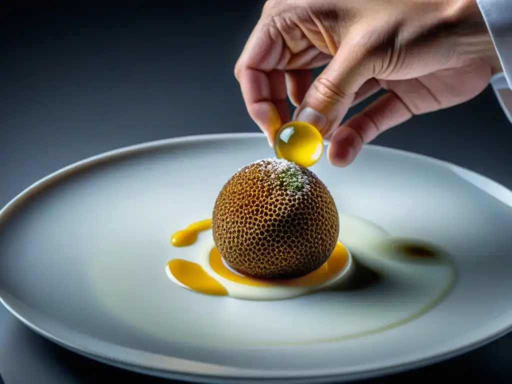 Un chef moldea trufas italianas estilo molecular sobre un plato moderno y elegante