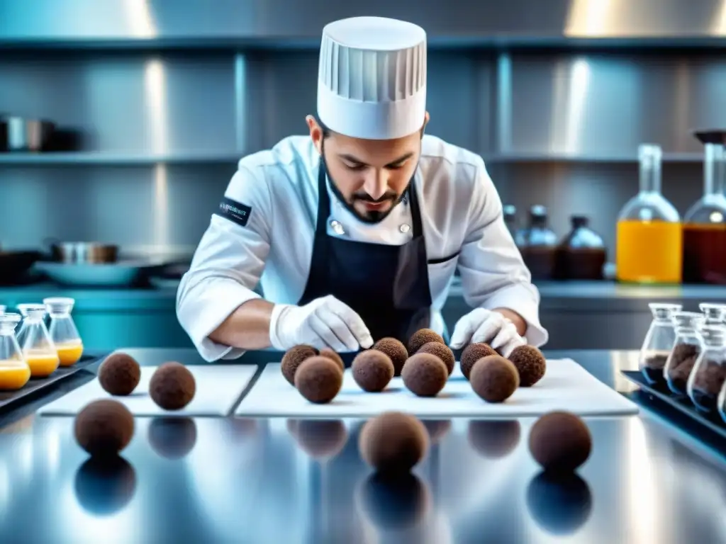 Un chef crea trufas italianas estilo molecular con precisión científica en laboratorio de cocina moderno