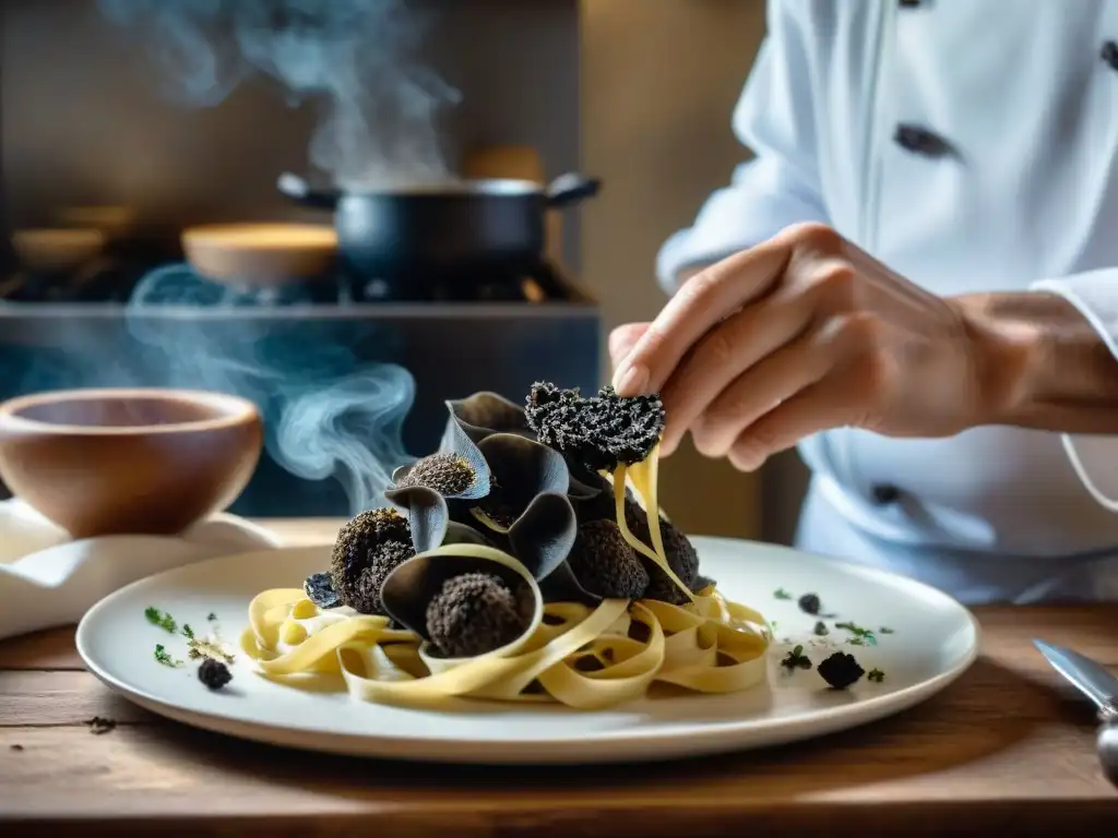 Un chef rallando trufas negras sobre tagliatelle en cocina rústica en Umbría