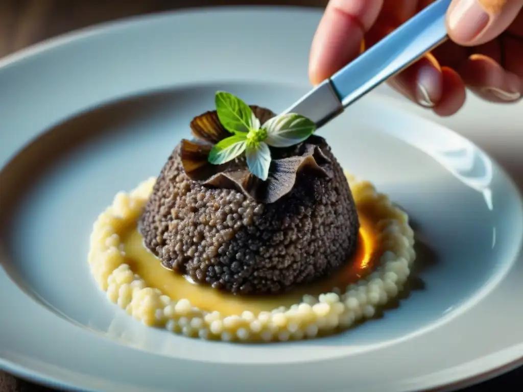 Un chef delicadamente rallando trufas de verano y otoño sobre un risotto, en un ambiente gourmet y tentador