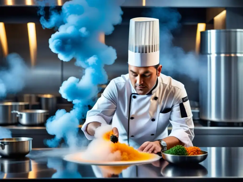 Un chef en uniforme blanco usa técnicas de cocina molecular en un ambiente moderno, fusionando técnicas tradicionales con alta tecnología