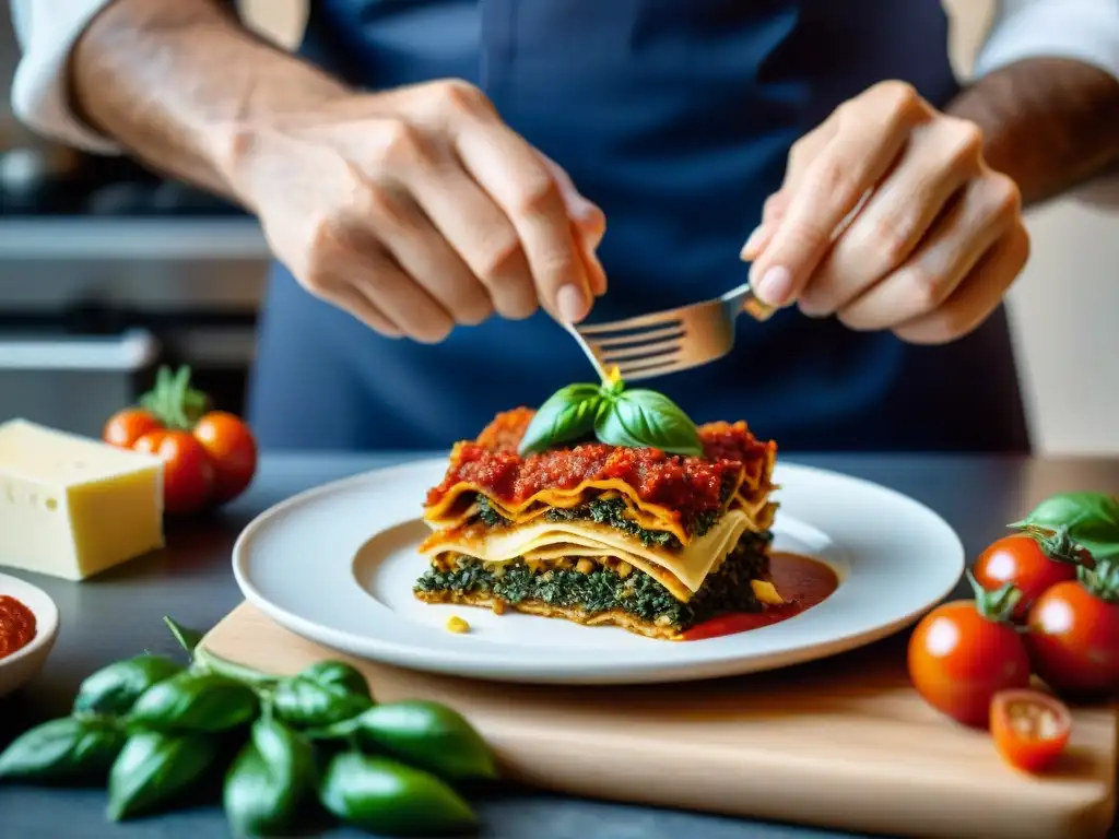 Un chef vegano experto crea una lasaña vegana, mostrando la innovación en restaurantes veganos italianos