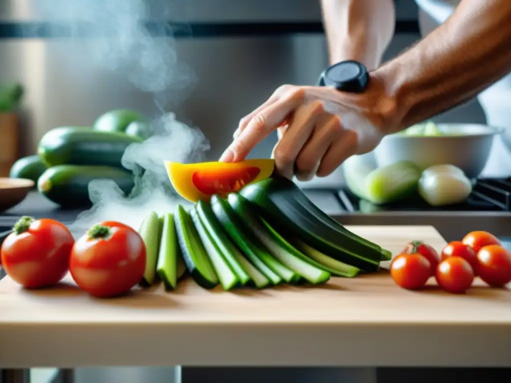 Un chef corta habilidosamente vegetales con una mandolina italiana, destacando precisión y frescura en la cocina