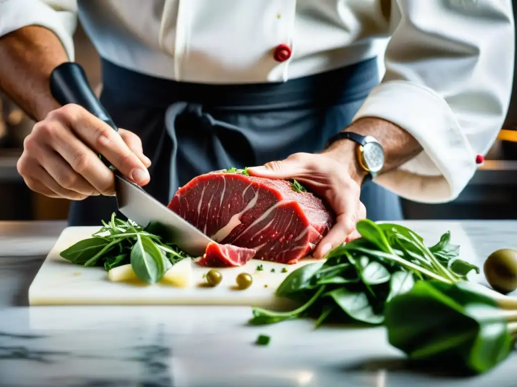 Chef veneciano preparando Carpaccio con ingredientes frescos en elegante presentación