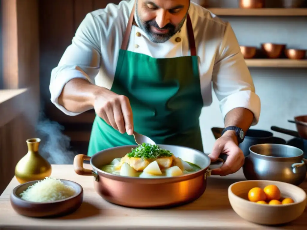 Un chef veneciano prepara con maestría un Guiso de Bacalao alla Vicentina en una cocina rústica, rodeado de utensilios de cobre y madera