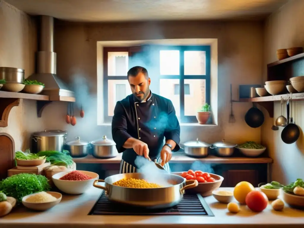 Un chef veneciano prepara platos tradicionales en una cocina llena de ingredientes frescos y coloridos