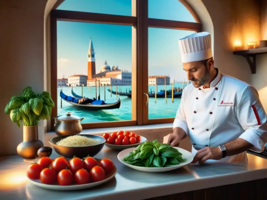 Un chef veneciano prepara platos tradicionales en una cocina rústica junto a los canales de Venecia