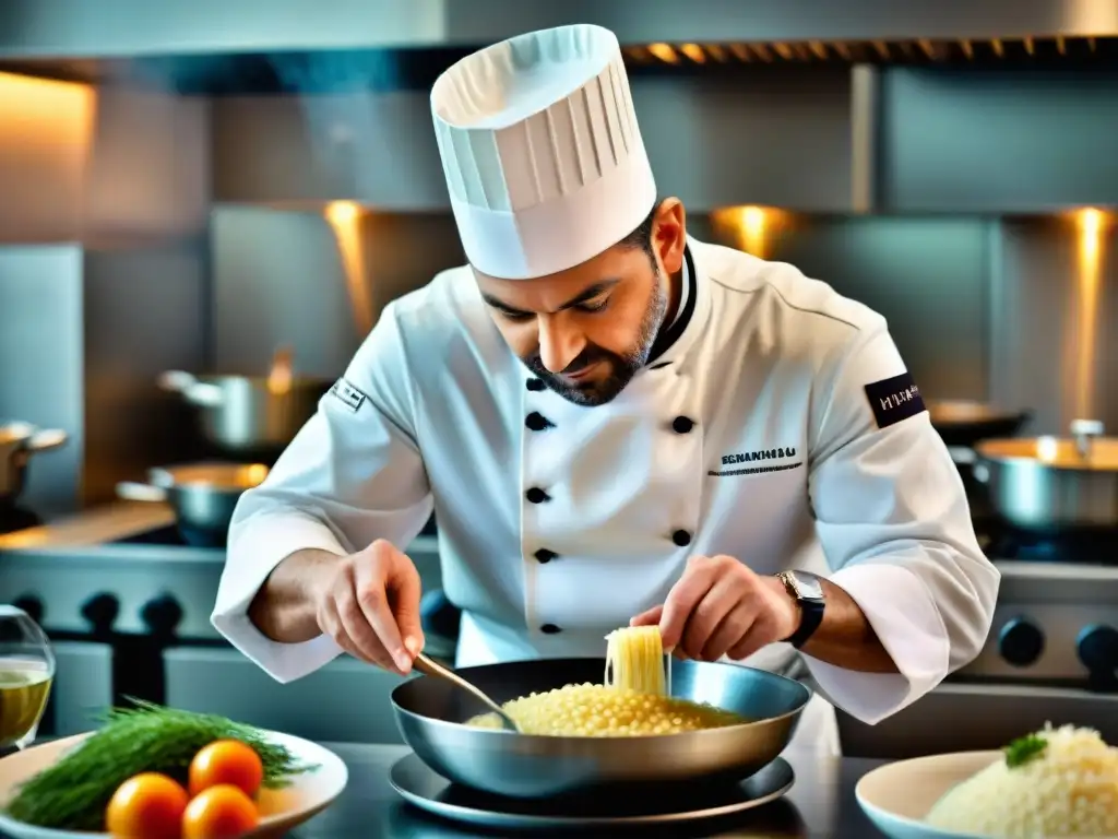 Un chef veneciano prepara risotto en cocina moderna fusionando tradición e innovación