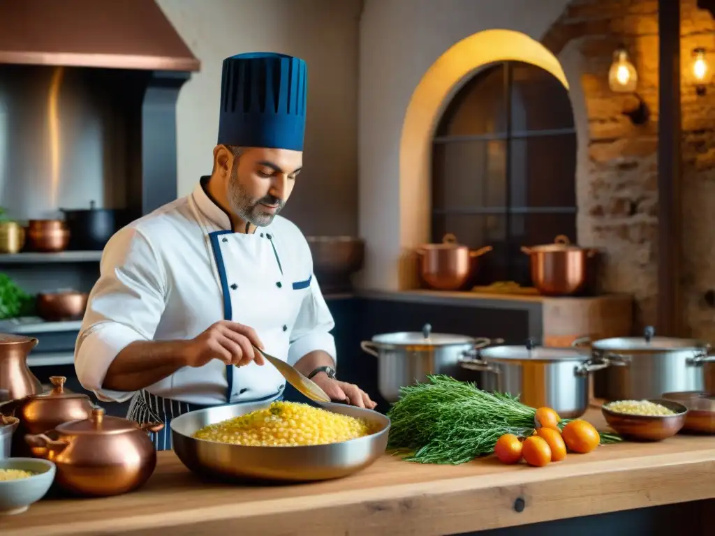 Un chef veneciano preparando risotto en una cocina tradicional con ingredientes coloridos