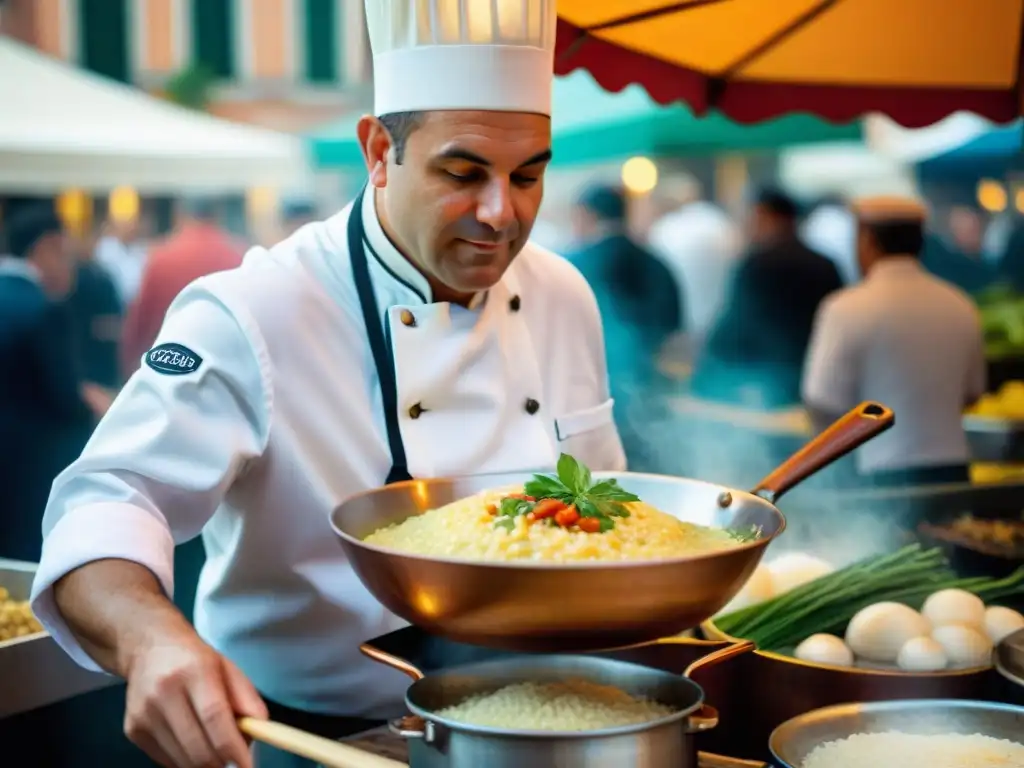 Un chef veneciano remueve un risotto en una olla de cobre, rodeado de un animado mercado al aire libre en Venecia