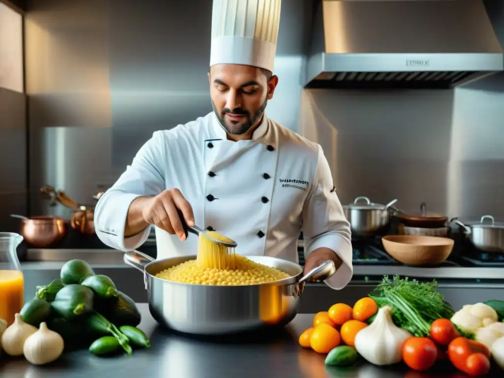 Un chef veneciano preparando risottos italianos tradicionales innovadores en una cocina moderna