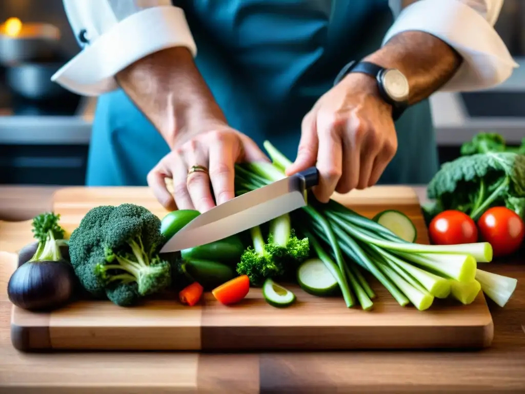 Un chef cortando verduras frescas con precisión y arte, en una cocina sostenible en Italia