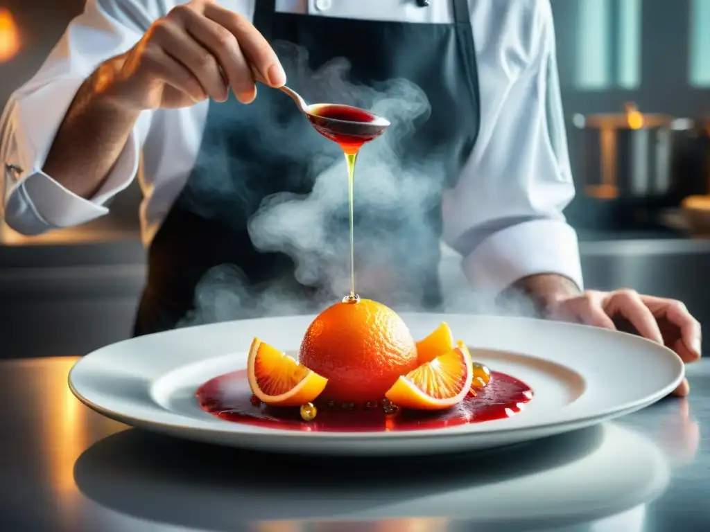 Un chef hábil zesteando una vibrante naranja sanguina siciliana sobre un exquisito plato, con destellos de aceite cítrico