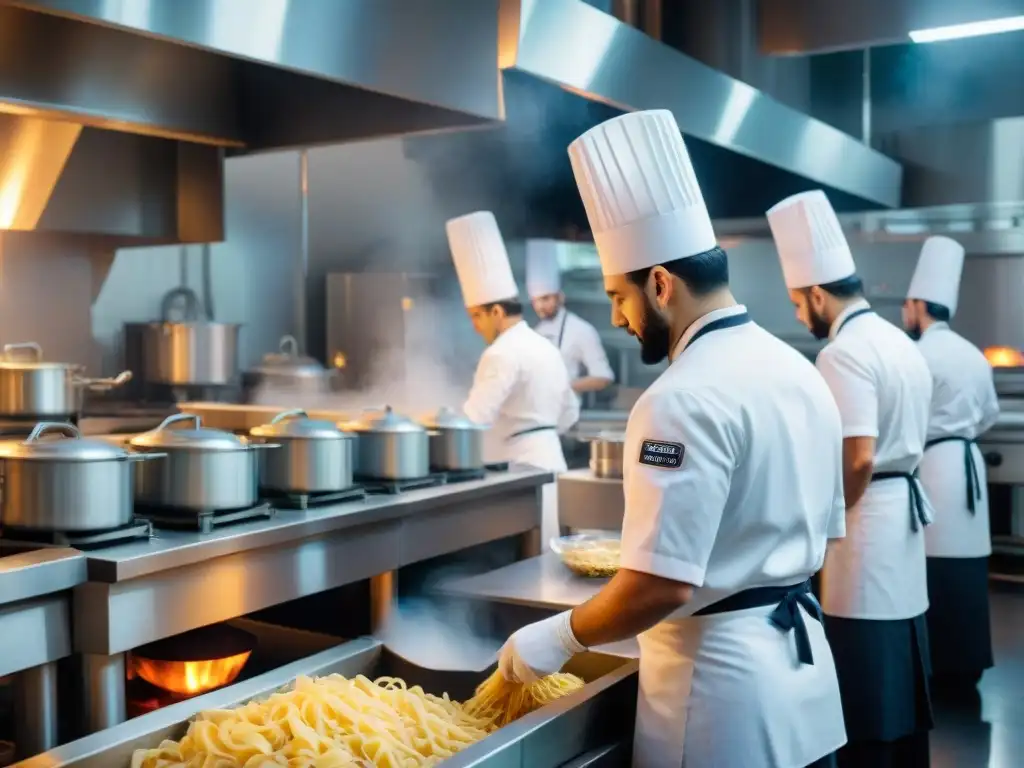 Chefes preparando menús para eventos con cocina italiana en una bulliciosa cocina industrial