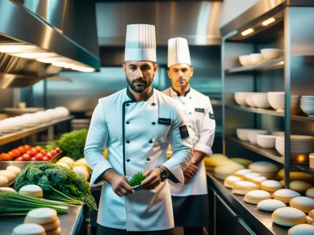 Chefs en cocina italiana sostenible, platos vibrantes, ingredientes orgánicos