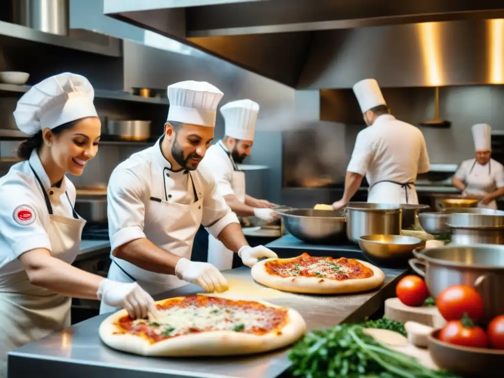 Chefs expertos en una animada cocina italiana, preparando platos con pasión y precisión