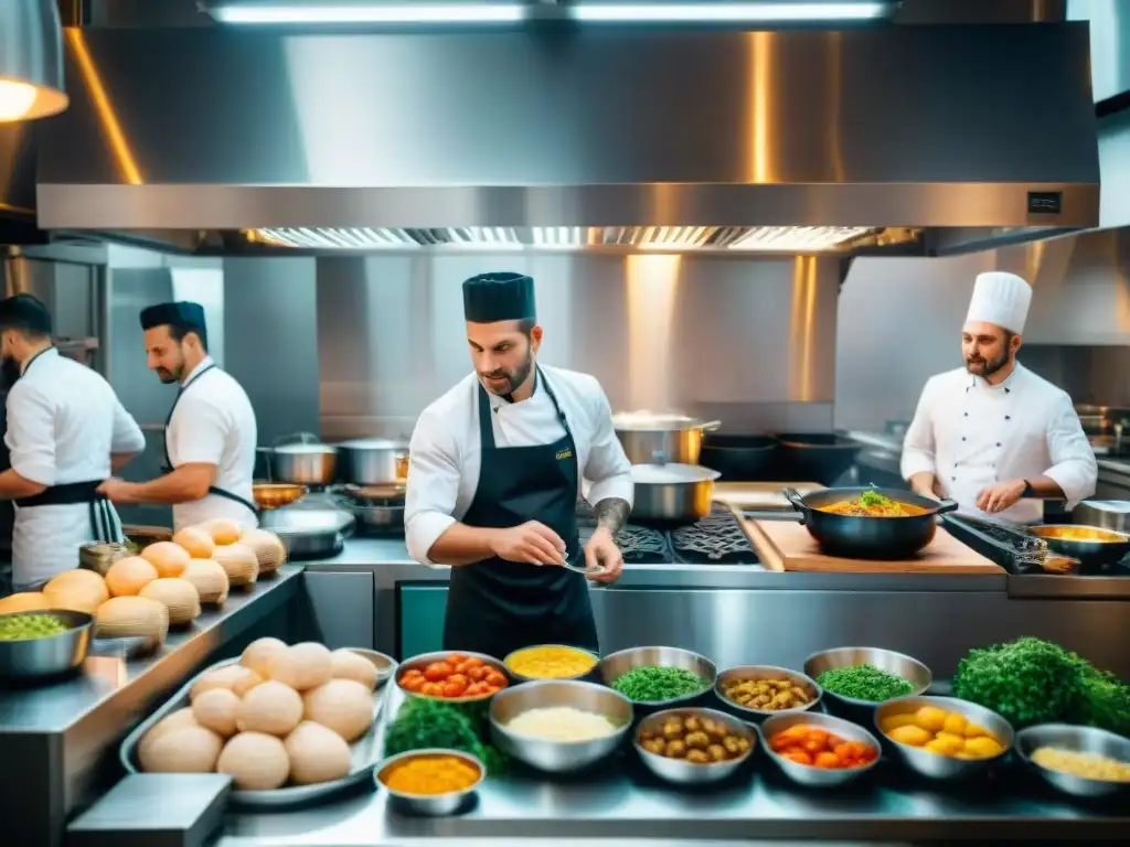 Chefs italianos en cocina creativa preparando platos tradicionales e innovadores, rodeados de ingredientes frescos y utensilios de cocina variados