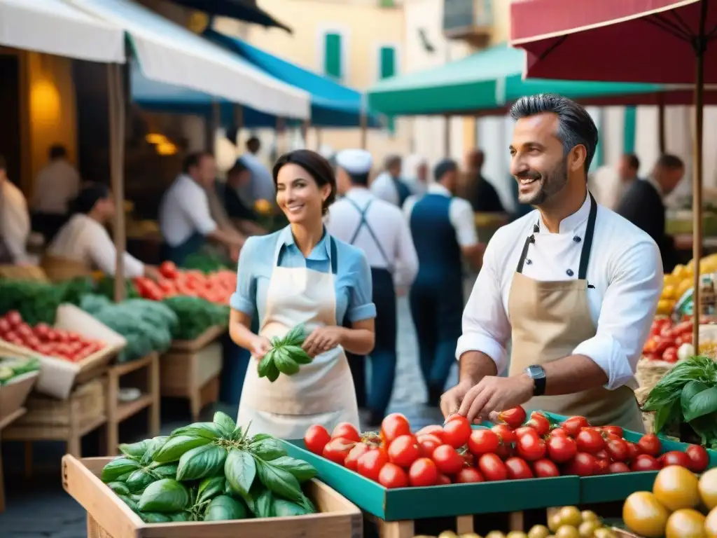 Chefs italianos innovadores reconocidos en un bullicioso mercado italiano lleno de color y productos frescos