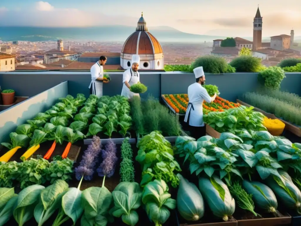 Chefs italianos innovadores cosechando en un vibrante huerto urbano en Italia