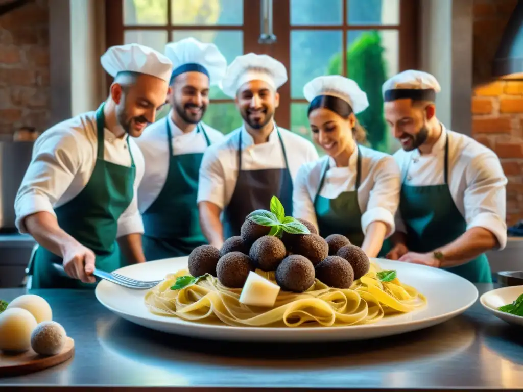 Chefs italianos preparan plato de pasta con trufas veganas en cocina bulliciosa