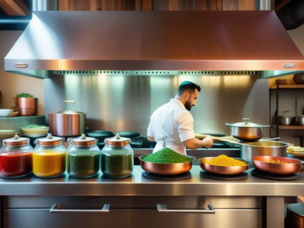 Chefs italianos cocinan platos tradicionales con pasión en una bulliciosa cocina italiana llena de aromas y coloridas especias