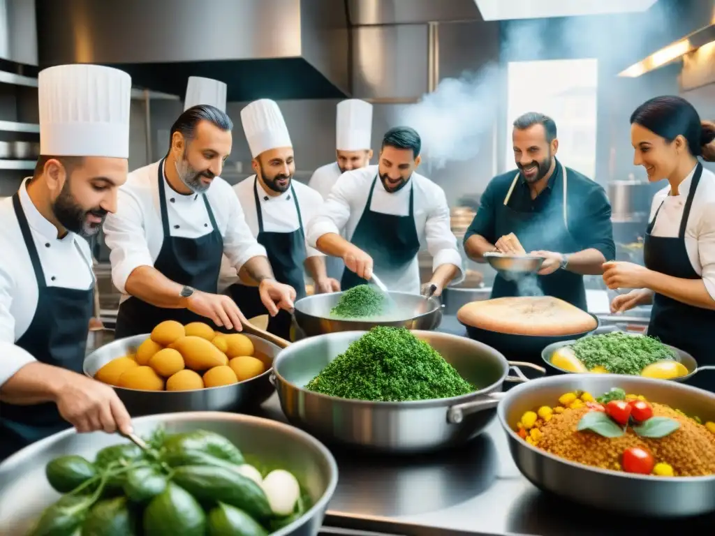 Chefs italianos preparando platos tradicionales en una cocina bulliciosa, con ingredientes locales