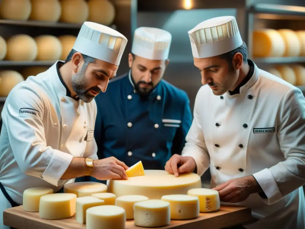 Chefs italianos examinan quesos Parmigiano Reggiano para Productos DOP e IGP en cocina italiana