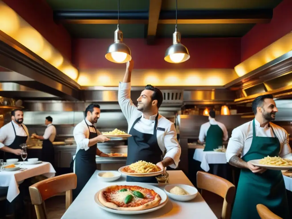 Trattoria italiana en NYC: Sabores y pasión en la gran ciudad Chefs italianos en NY: ambiente vibrante de trattoria con pasta, vino y pizza volando