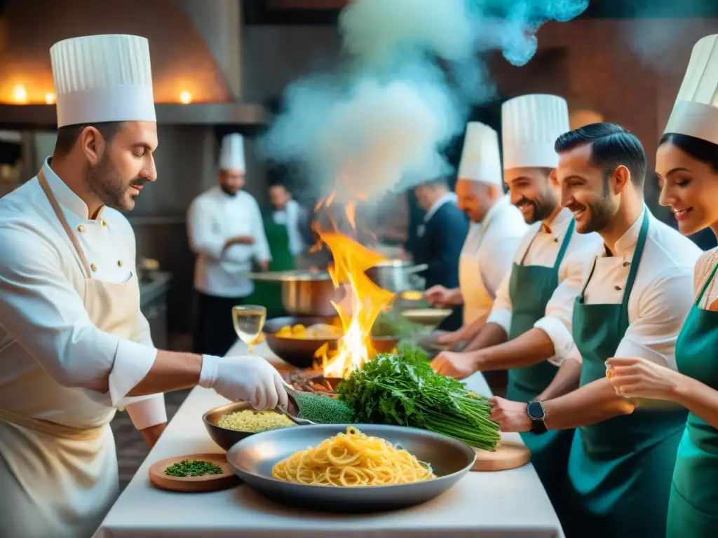 Chefs preparando menús de cocina italiana para eventos en animada cocina festiva