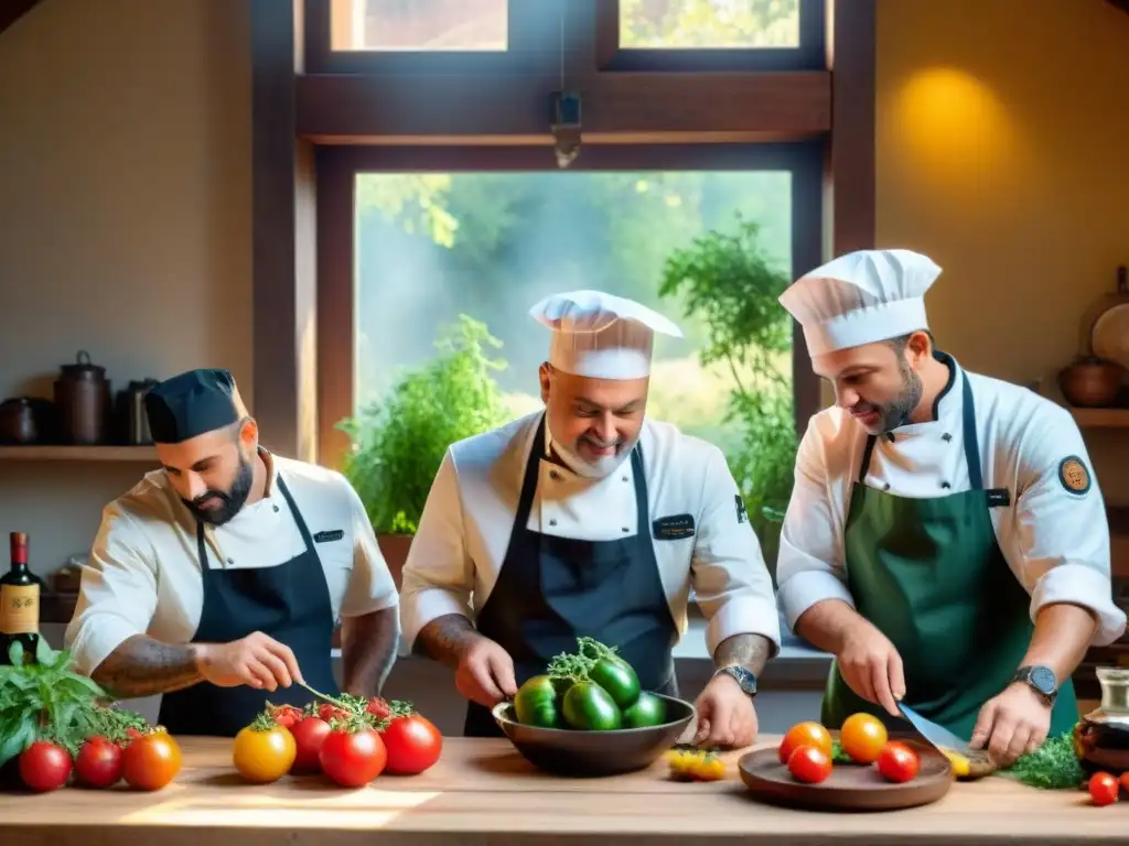 Chefs en mesa rústica discuten y prueban ingredientes tradicionales italianos, reviviendo sabores olvidados