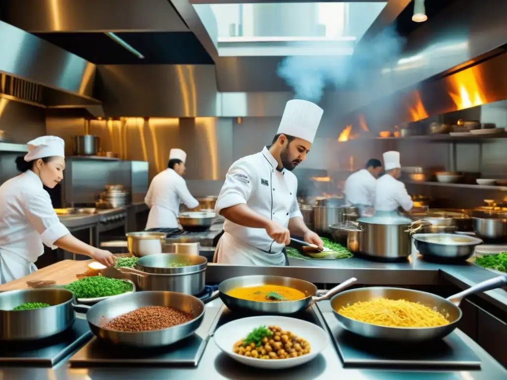 Chefs de diversos orígenes trabajan en armonía en una cocina abierta de un restaurante moderno