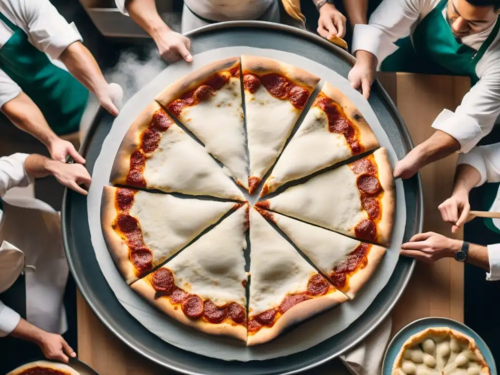 Chefs en pizzería con tecnología creando corteza perfecta, ambiente cálido y detallado