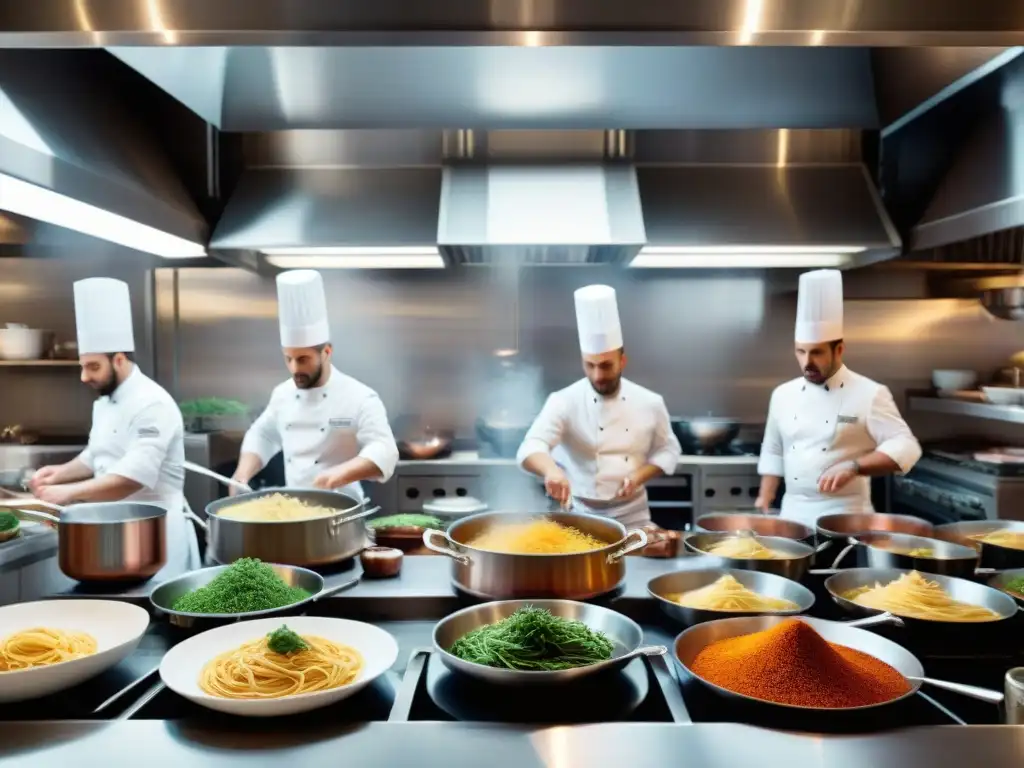 Chefs en restaurante italiano galardonado preparando pasta en una cocina bulliciosa durante la cena