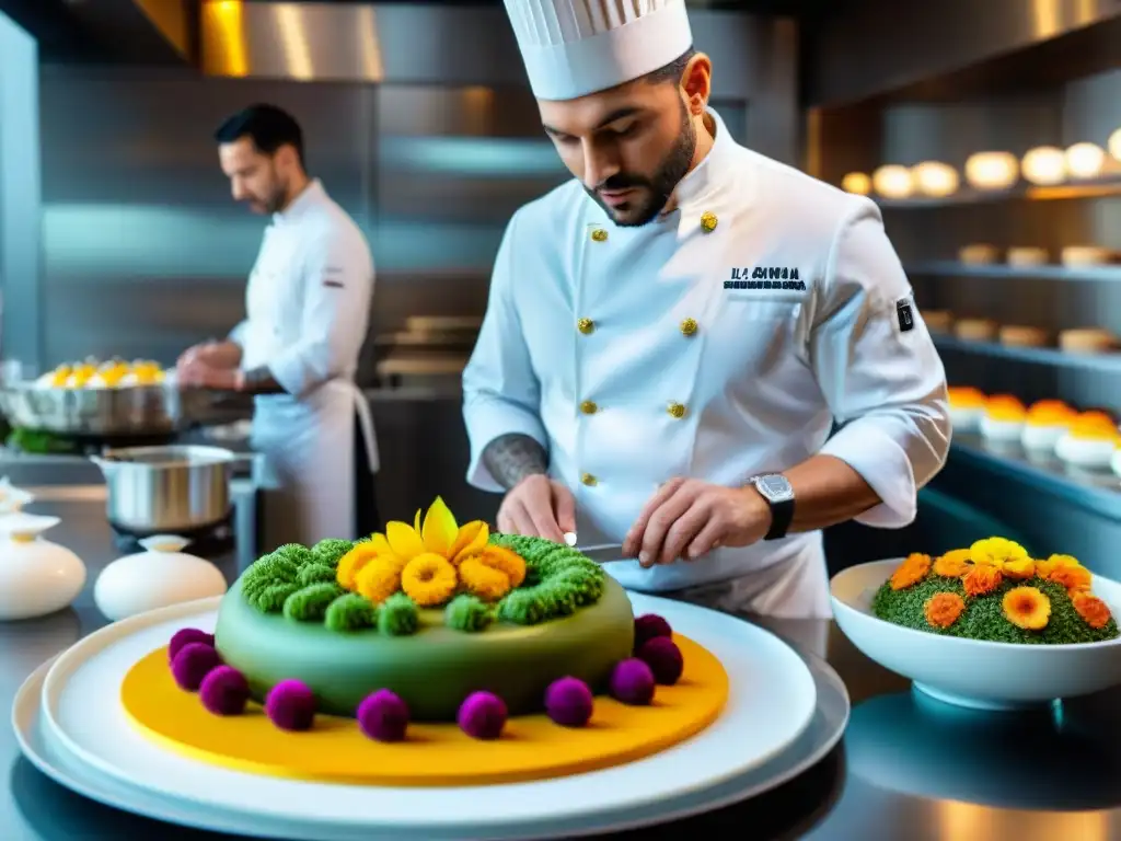 Chefs en un restaurante de postres italiano innovador, creando obras dulces y coloridas con flores comestibles y hoja de oro