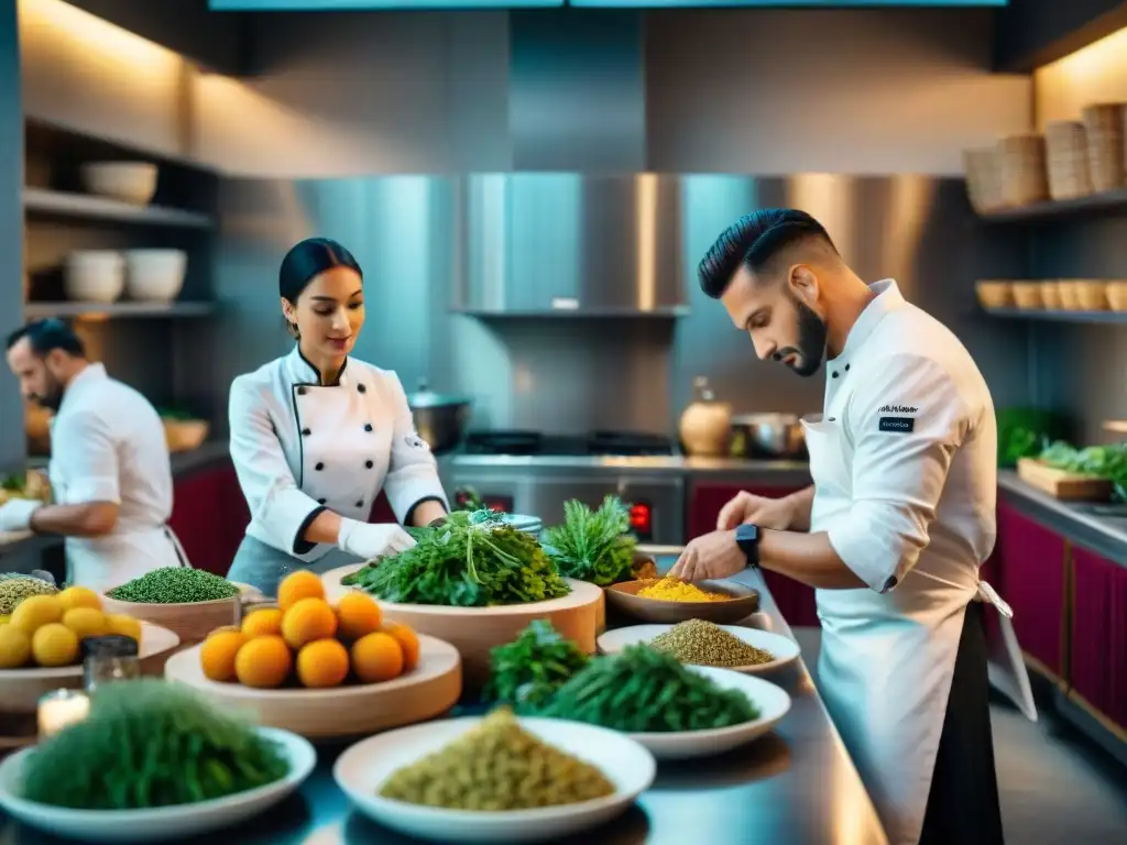 Chefs tradicionales preparando platos italianos modernizados con pasión en una cocina vibrante y bulliciosa