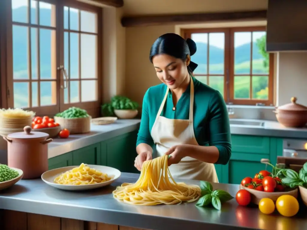 Nonna italiana experta en hacer pasta artesanal rodeada de ingredientes frescos en una cocina rústica, capturando la esencia culinaria italiana Cine y gastronomía italiana representada: Una nonna italiana experta haciendo pasta rodeada de ingredientes frescos en una cocina rústica