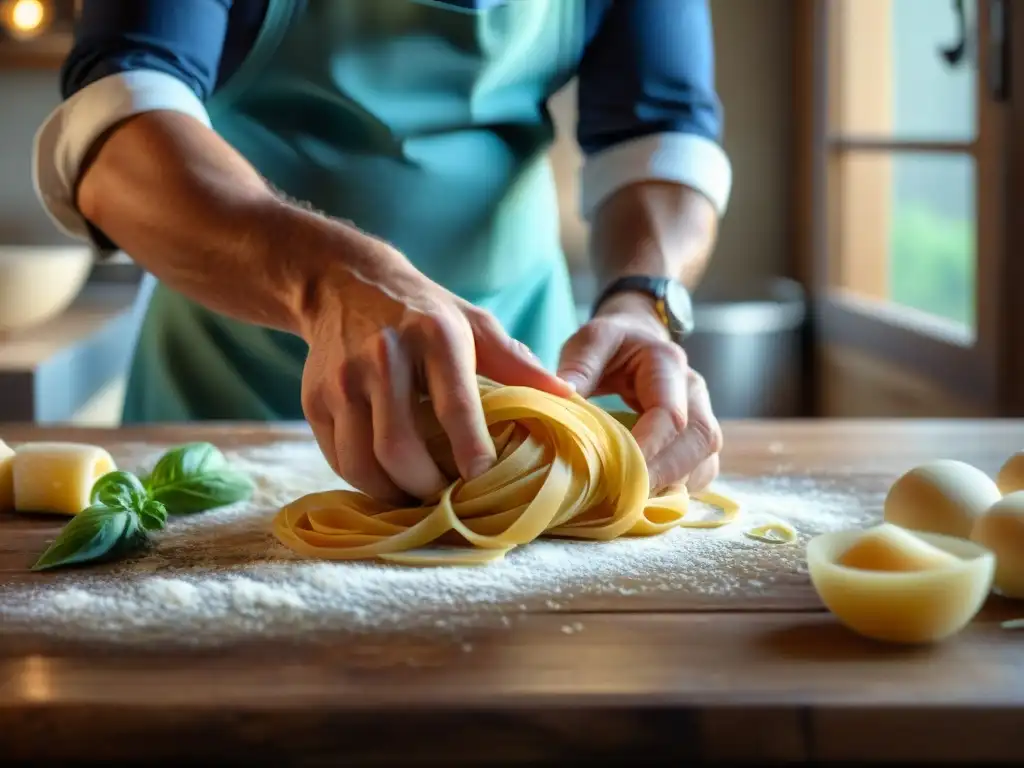 Clase magistral pasta fresca italiana: Chef italiano experto amasando masa fresca en encimera de madera rústica