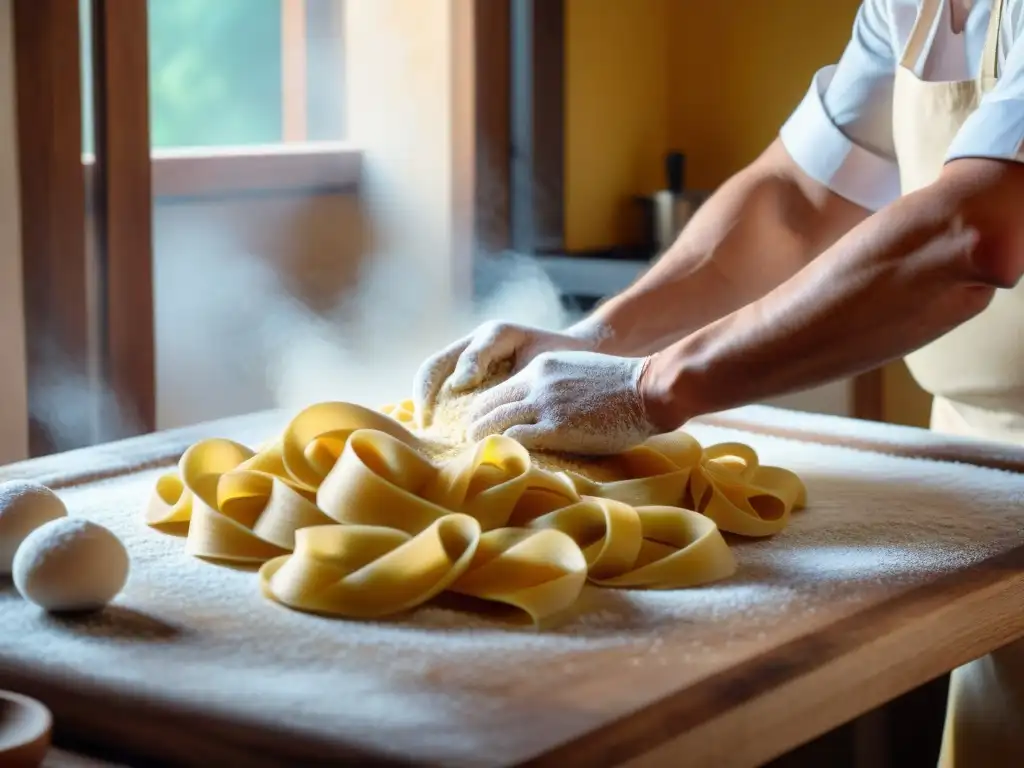 Clase magistral de pasta fresca en Bolonia: Chef experto amasando masa fresca en una cocina tradicional italiana