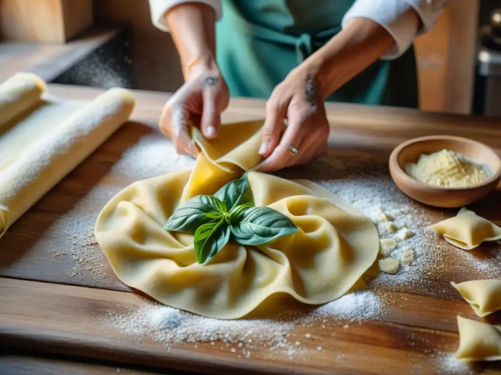 Clase magistral de pasta fresca italiana: chef experto moldea ravioli artesanales con relleno de ricotta y espinacas en una superficie de madera