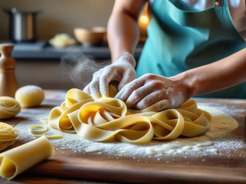 Clase magistral pasta fresca italiana: Manos expertas amasan masa fresca en encimera rústica