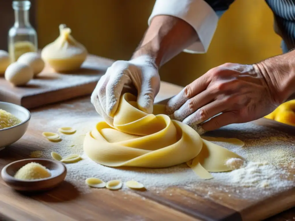 Clase magistral pasta fresca Bolonia: Manos hábiles amasando masa amarilla para pasta fresca, con luz natural y detalles artesanales