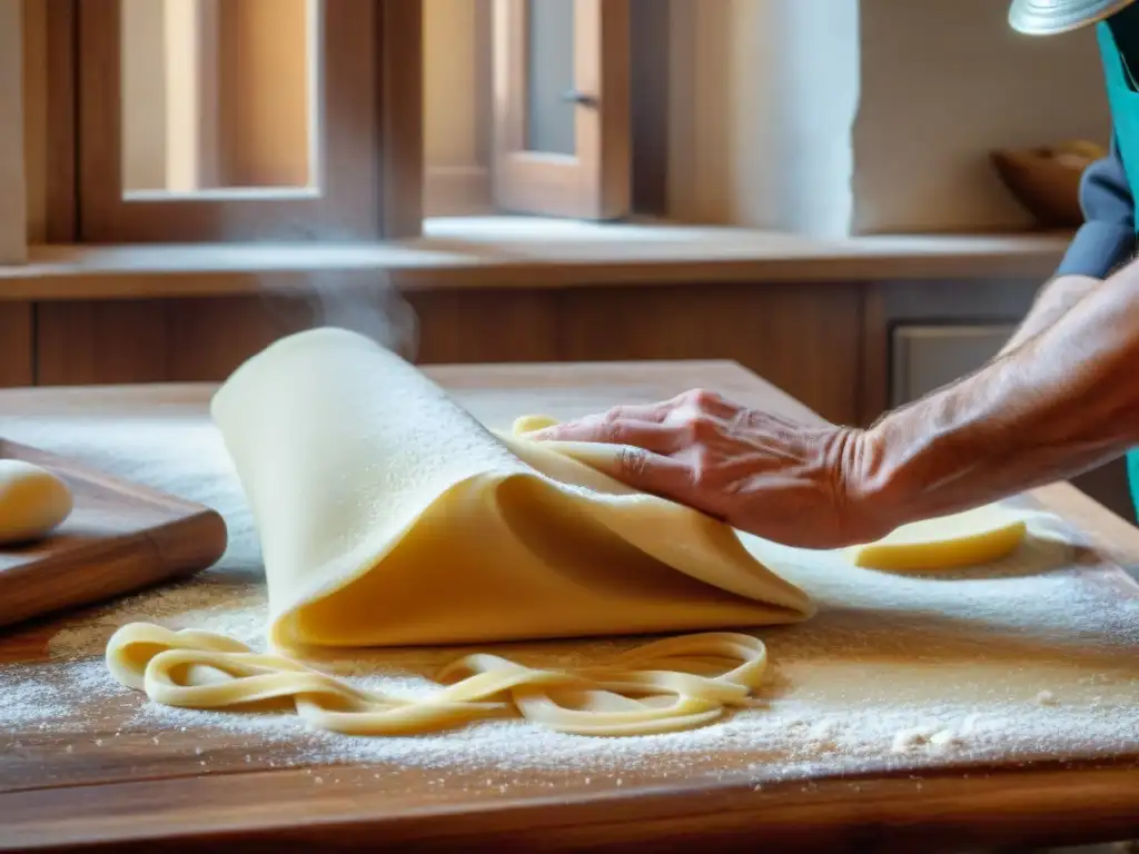 Clase magistral pasta fresca Bolonia: Manos expertas moldeando finas láminas de pasta en cocina tradicional italiana