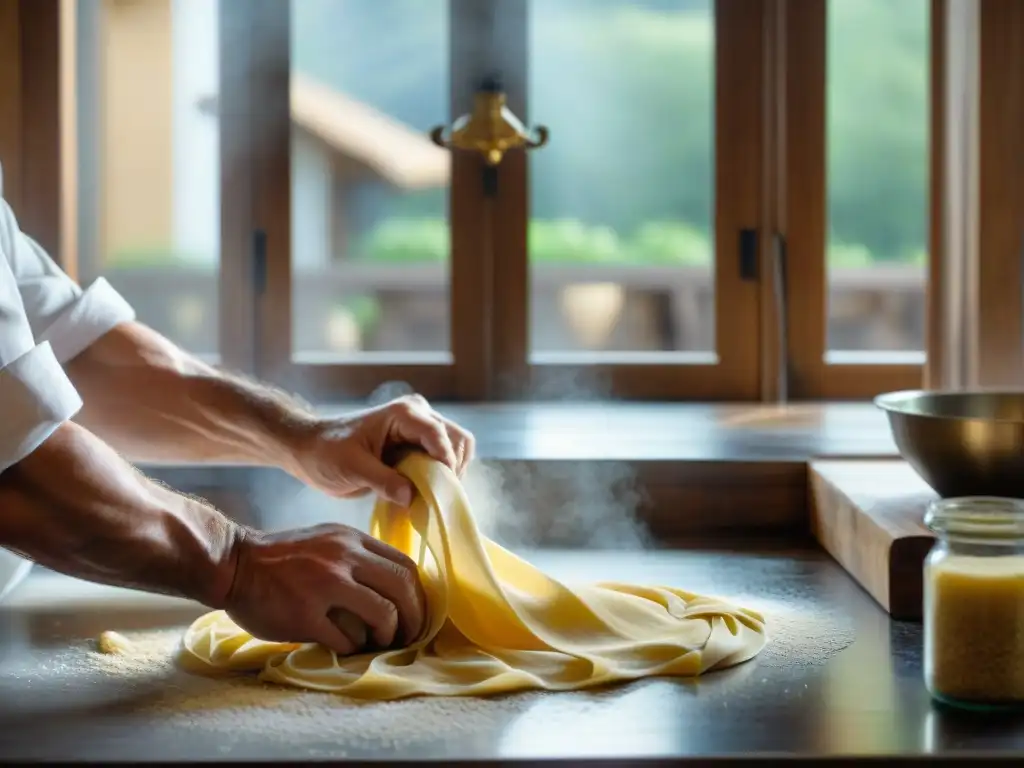 Clase magistral de pasta fresca en Bolonia: chef experto amasando la masa con destreza, harina en el aire y luz natural en la cocina rústica